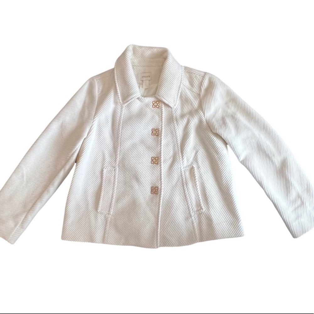 Chico’s Woman’s Size 1 (M8) White Chorded w/Gold Button Snap Detailing Blazer
